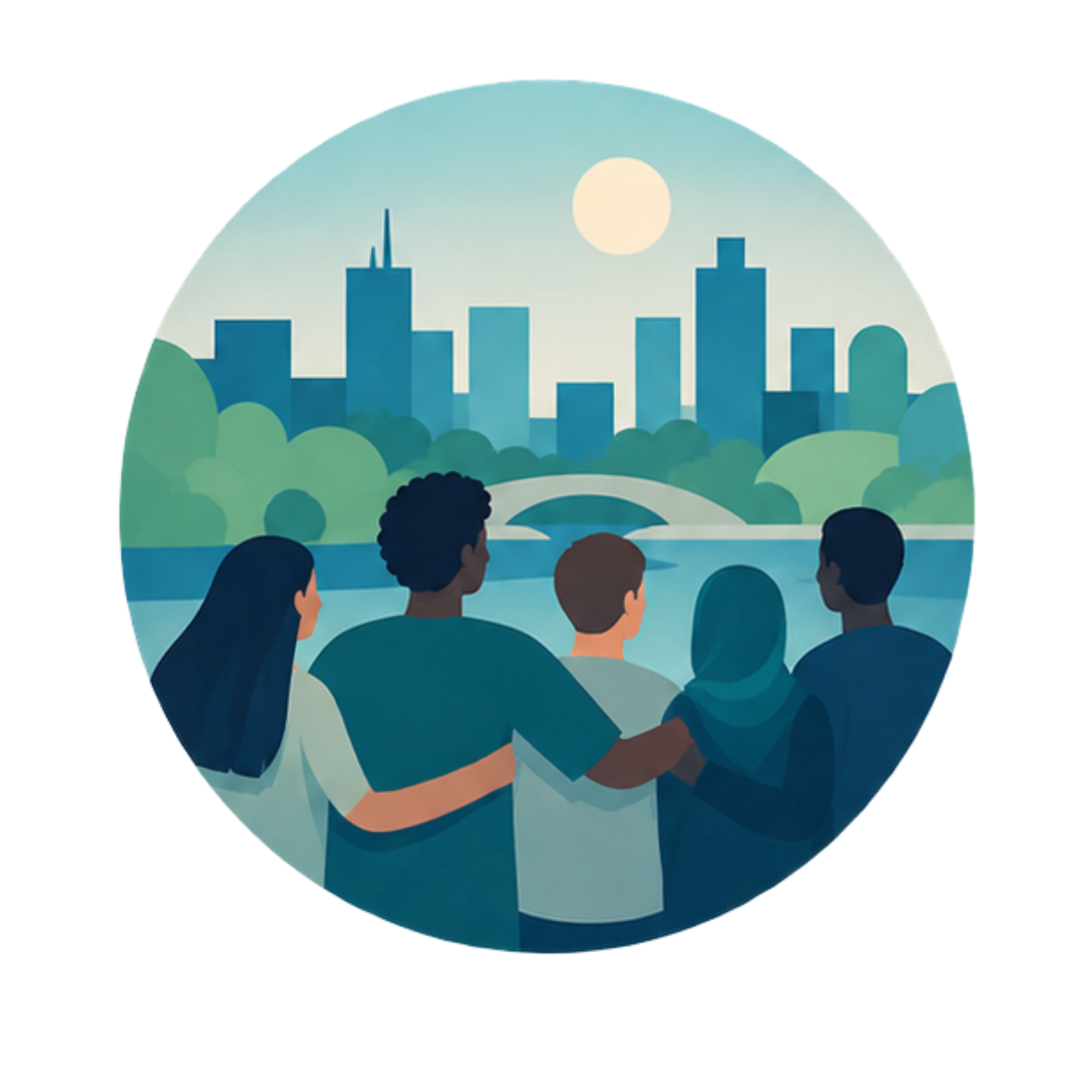 A group of neighbours standing together before their city and park