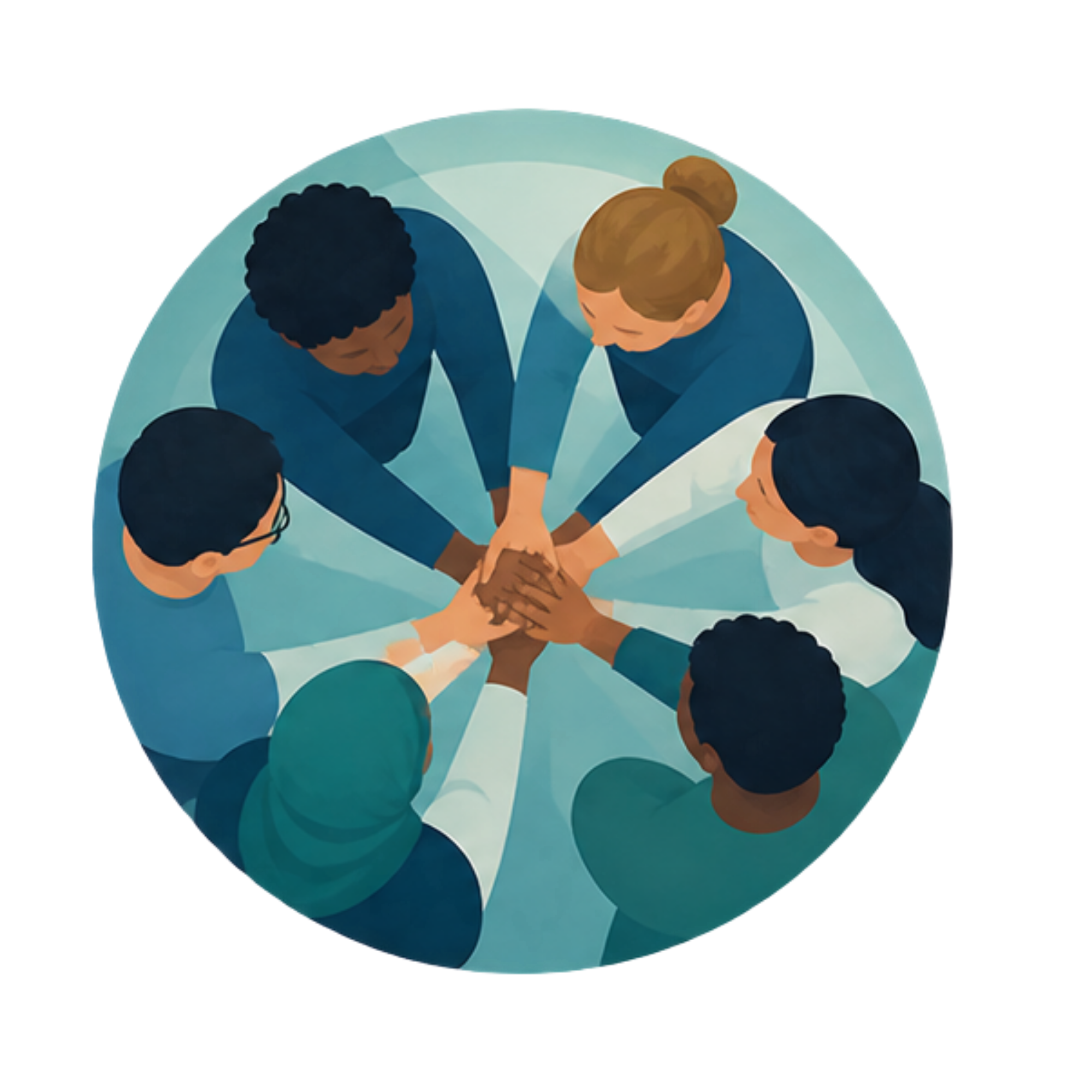 A diverse group joining hands in cooperation